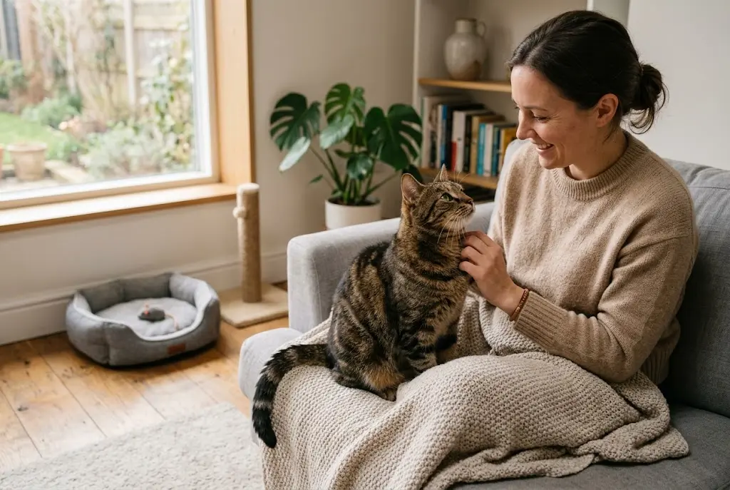 Cat sitting affectionately beside its owner at home