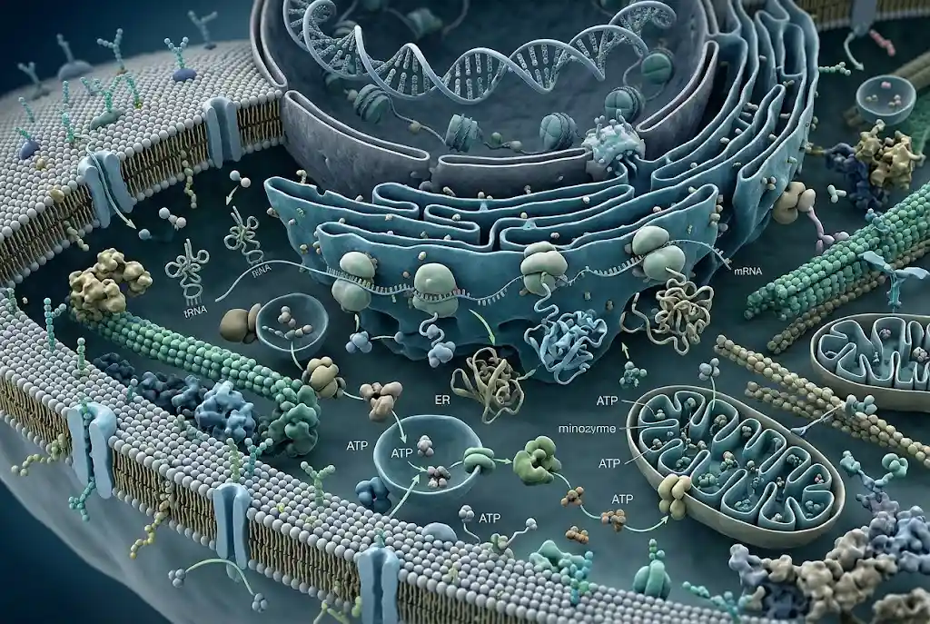 Biological cell showing DNA, proteins, lipids, carbohydrates, and molecular interactions.