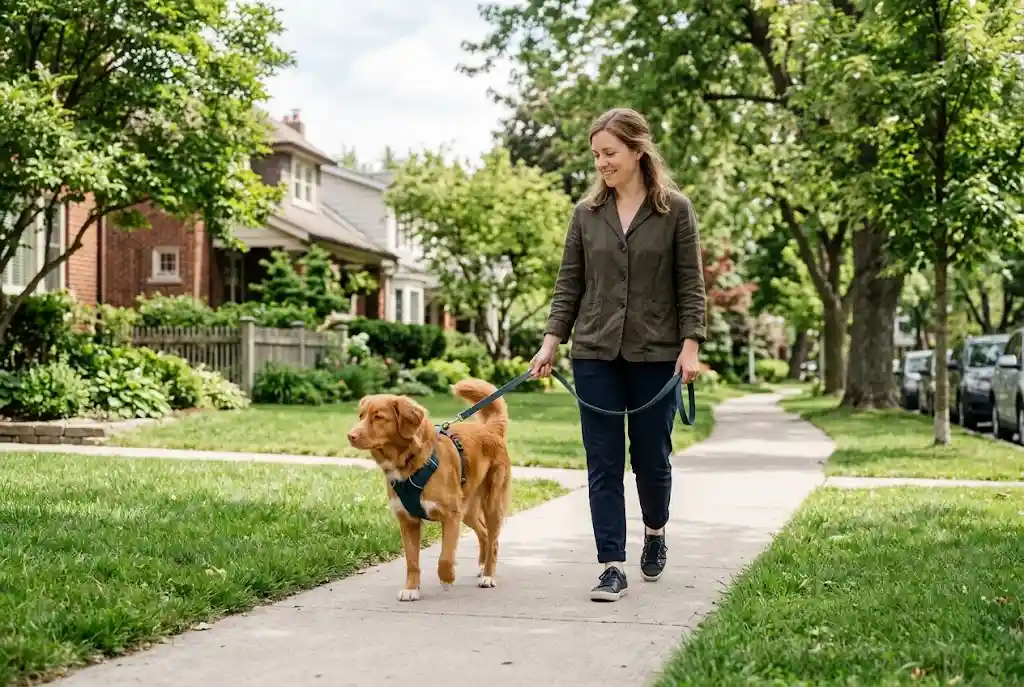 Dog wearing a secure harness and leash while walking calmly beside its owner on a sidewalk.