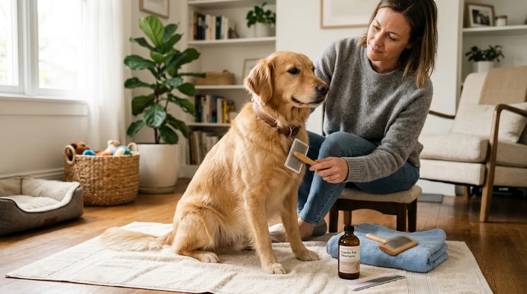 Dog being gently brushed during a home grooming session