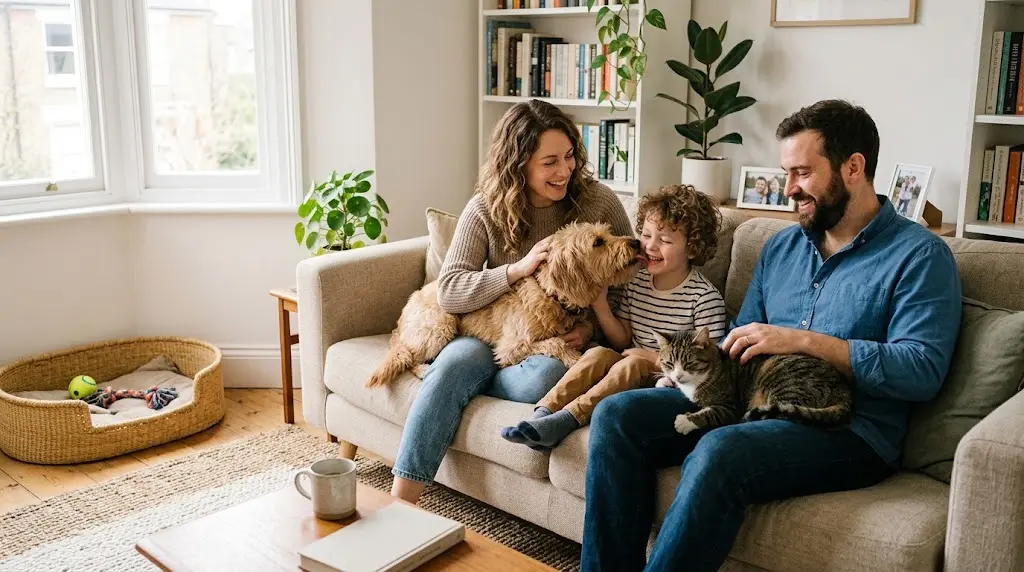 Family spending time together with a dog and cat at home