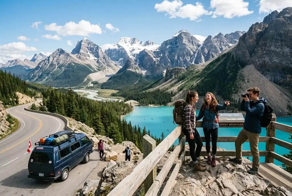 Travelers exploring a scenic Canadian mountain landscape near an alpine lake