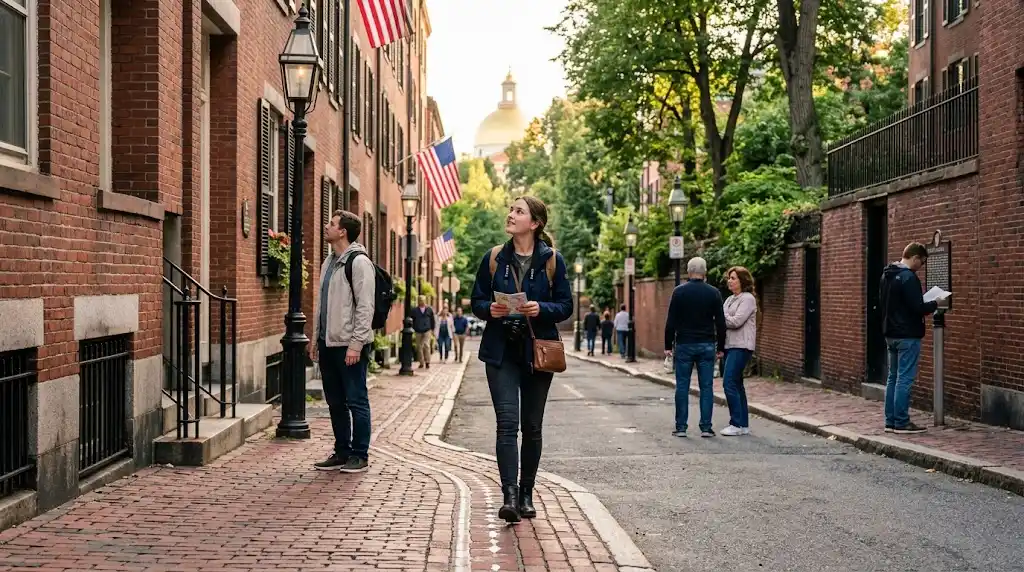 Tourists walking along Boston's historic Freedom Trail near Boston Common