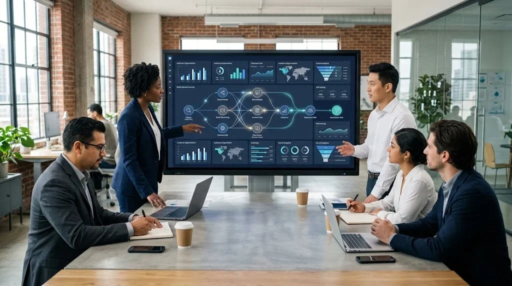Business services team analyzing advanced digital marketing analytics and client growth strategy