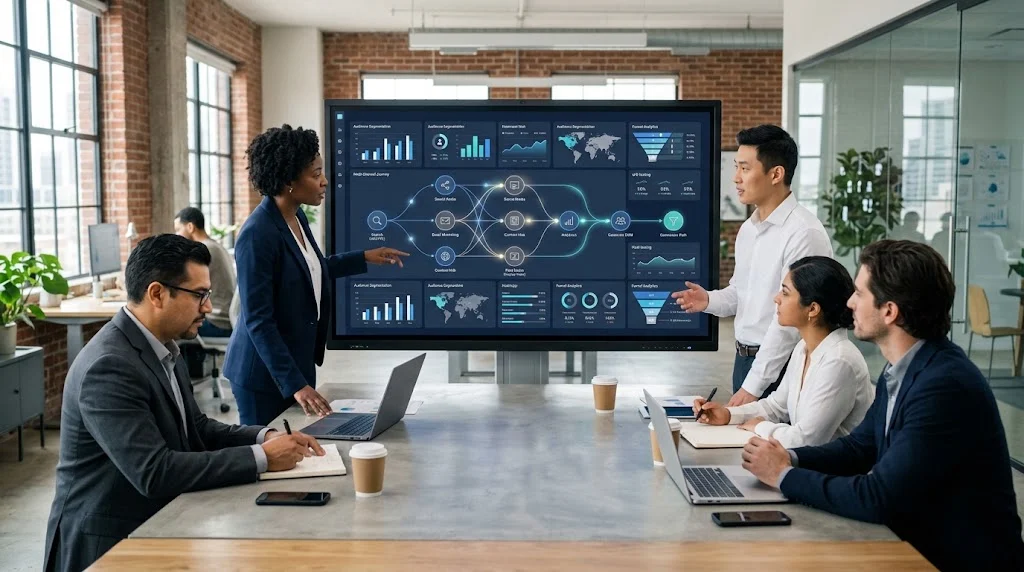 Marketing team analyzing advanced digital marketing analytics and advertising performance