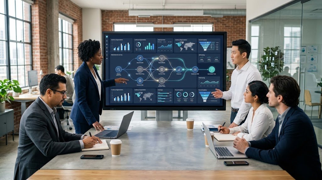 Marketing team analyzing integrated digital advertising channels and performance data