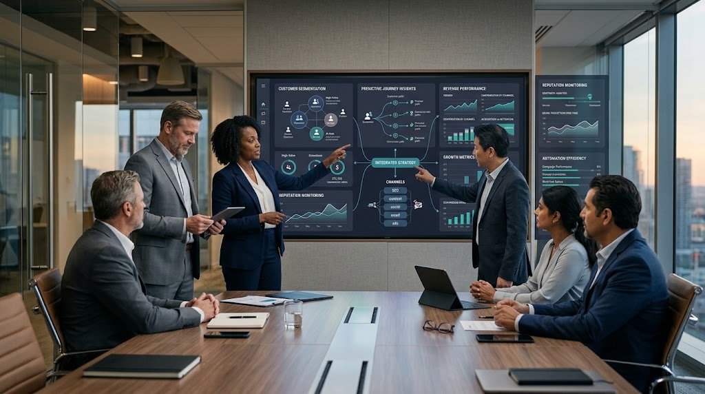 Business leaders analyzing advanced digital marketing data and growth strategy