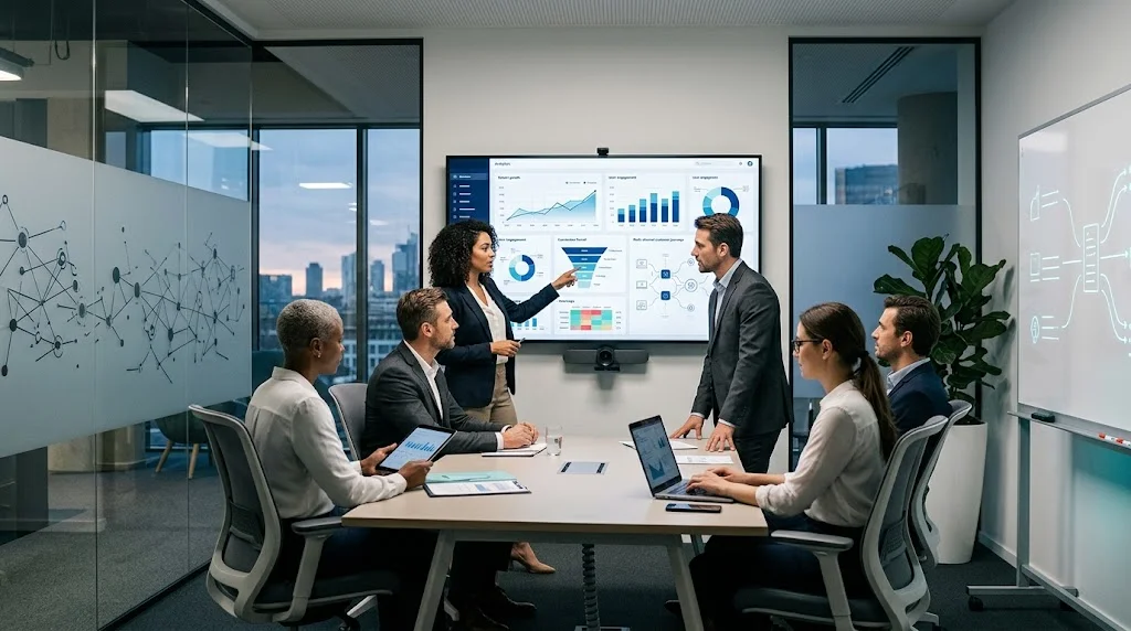 Business team analyzing digital marketing analytics and growth strategy in a modern corporate setting