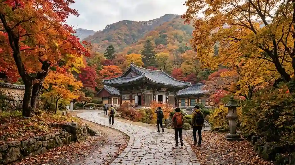 Traditional Korean temple surrounded by red and golden autumn foliage