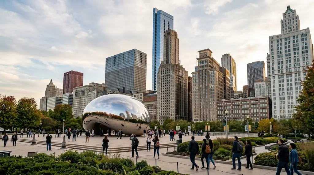 Cloud Gate in Millennium Park with downtown Chicago skyscrapers behind it