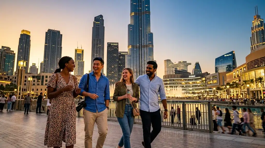 Friends enjoying a Dubai sightseeing trip with Burj Khalifa and the Downtown skyline in the background.