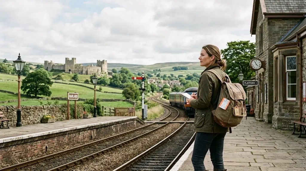 Traveler exploring a scenic British destination beyond London with historic architecture and countryside