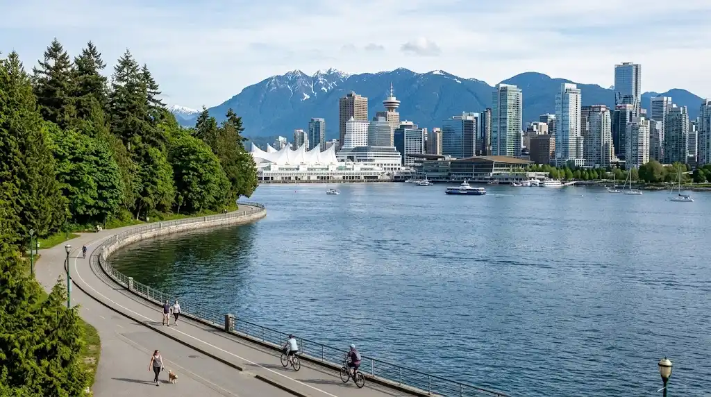 Vancouver waterfront with Stanley Park greenery, downtown skyline, and North Shore Mountains