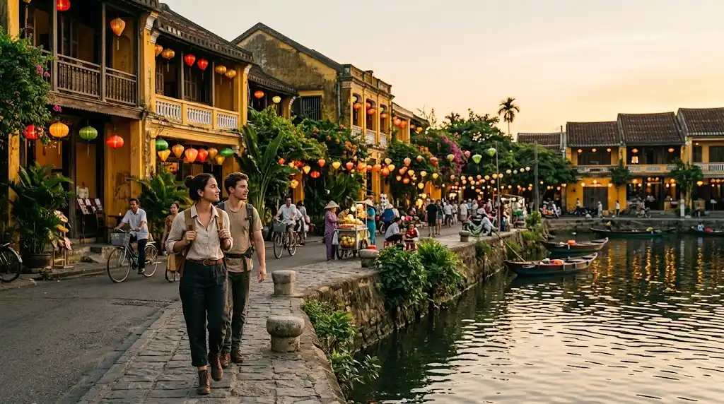 Travelers exploring a lantern-lit historic street beside a river in Vietnam
