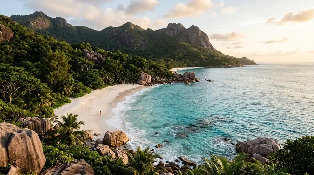 Tropical Mahé beach with granite boulders, turquoise water, and lush mountains