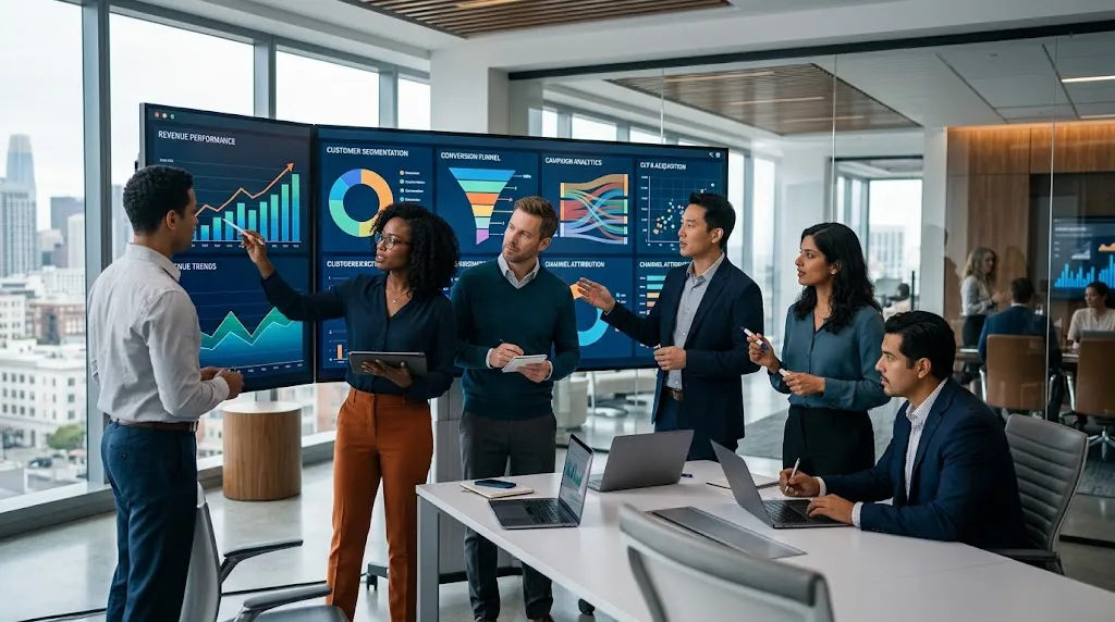 Marketing team analyzing customer and revenue data to optimize digital marketing performance