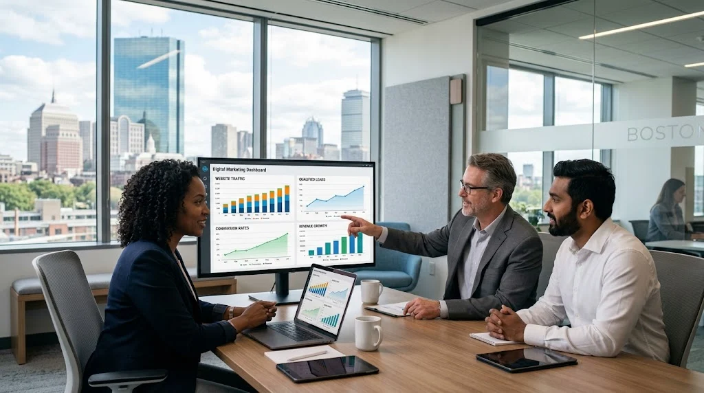 Boston business executives reviewing digital marketing performance and growth data in a modern office