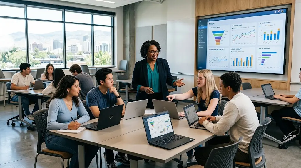 Students and an educator using digital learning technology in a modern Reno classroom