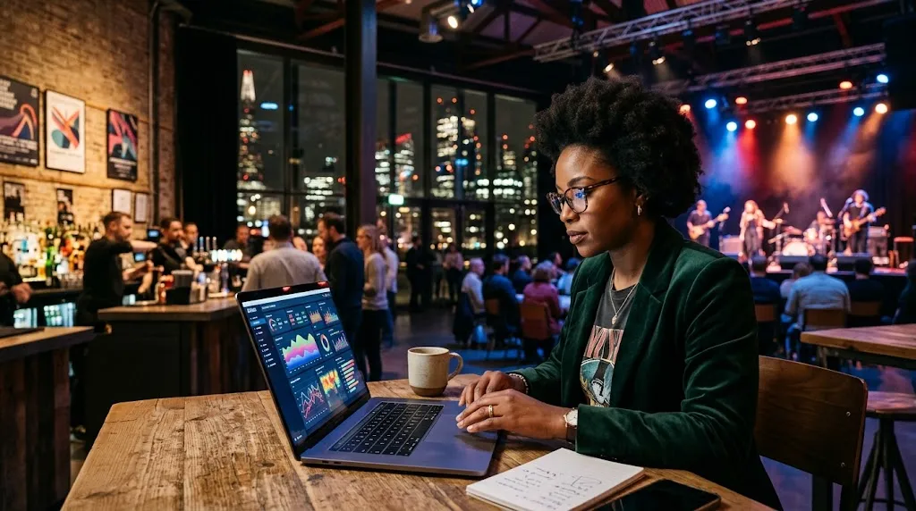 Marketing professional analyzing audience and ticket data inside a London arts and music venue