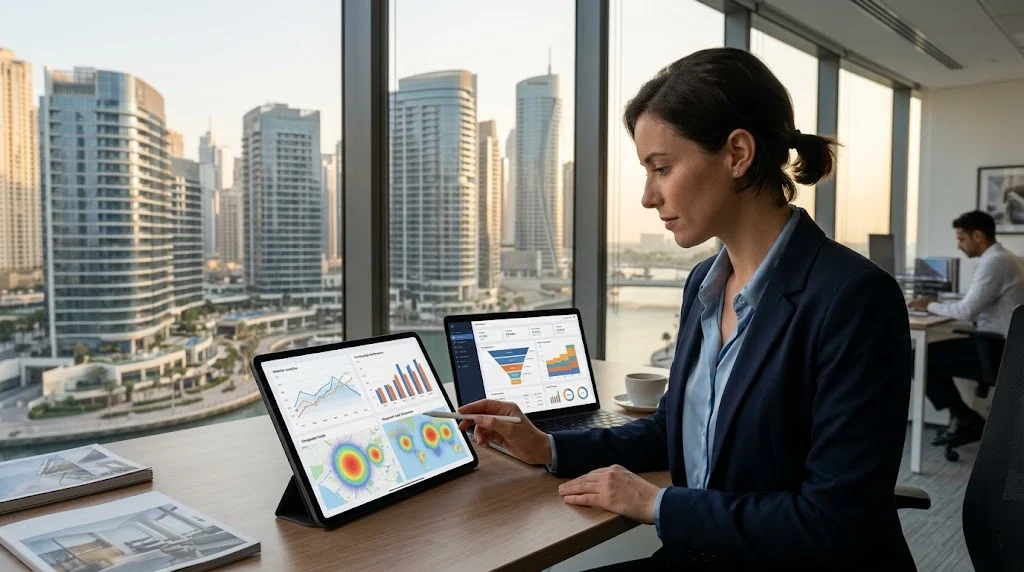 Real estate marketing professional reviewing digital property data with Dubai buildings in the background