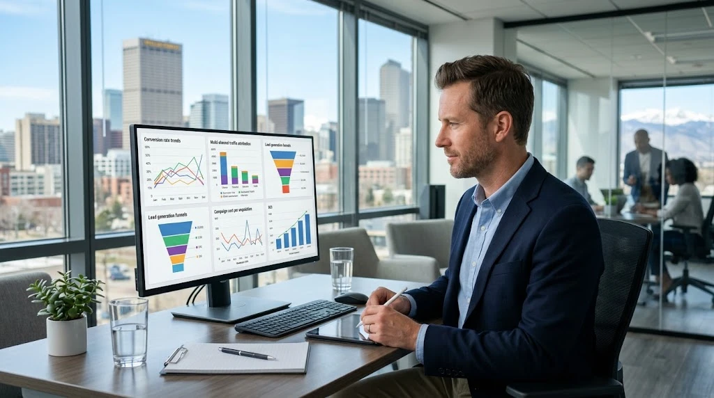 Business professional analyzing digital marketing ROI and campaign performance in a Denver office