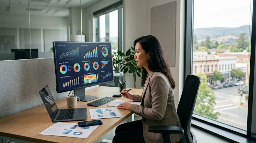 Financial services marketing professional analyzing digital campaign ROI in a Petaluma office