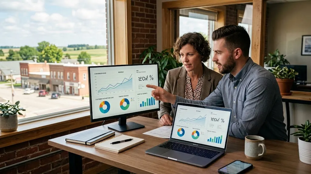 Small business owners analyzing digital marketing ROI in London Mills Illinois