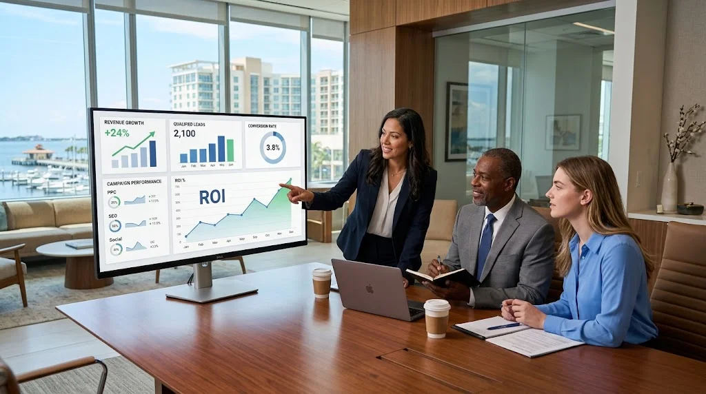 Business professionals reviewing a digital marketing ROI dashboard in a St. Petersburg office Digital Marketing ROI for Business Services in St. Petersburg