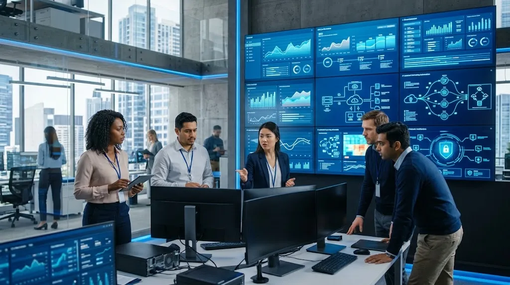IT professionals analyzing digital marketing data as part of an information technology transformation strategy