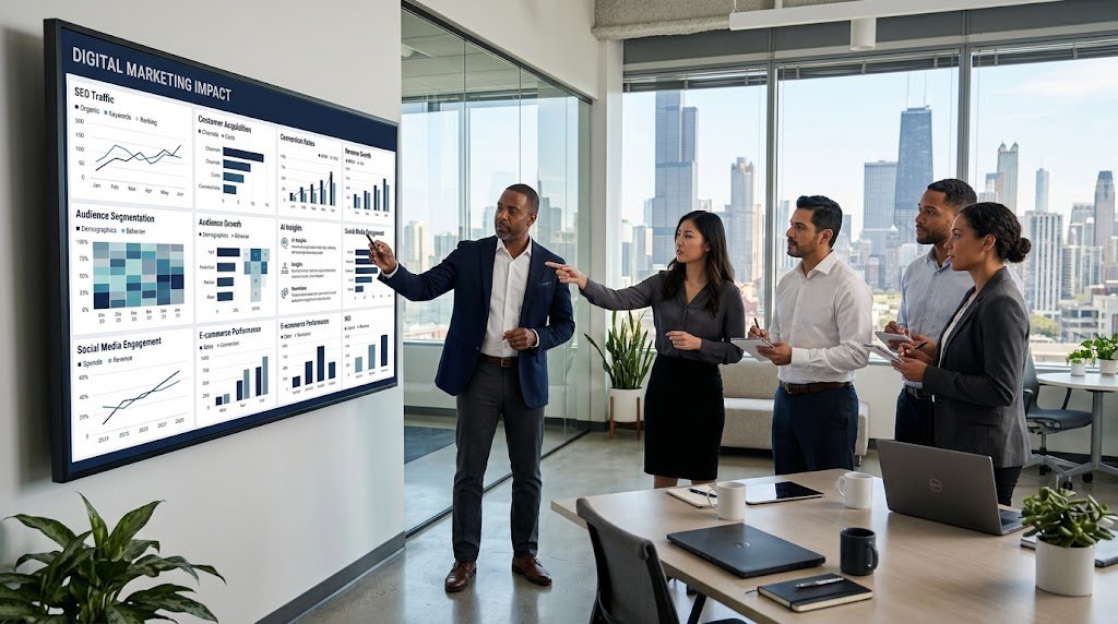 Chicago business professionals analyzing the economic impact of digital marketing