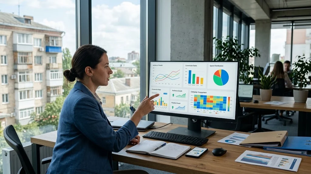 Marketing professional analyzing digital advertising performance in a modern Zhytomyr office