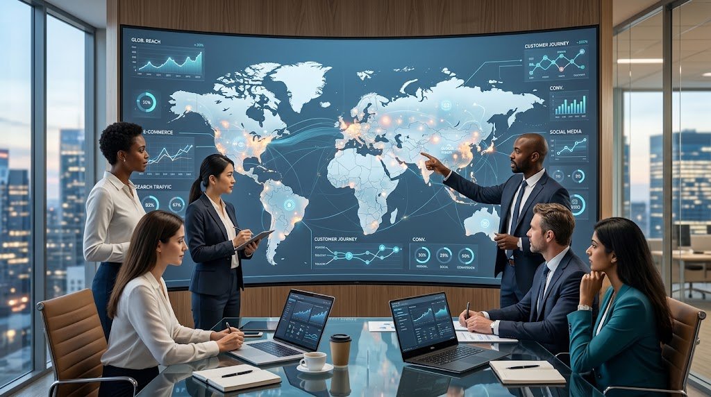 International business team analyzing digital marketing data and global customer reach
