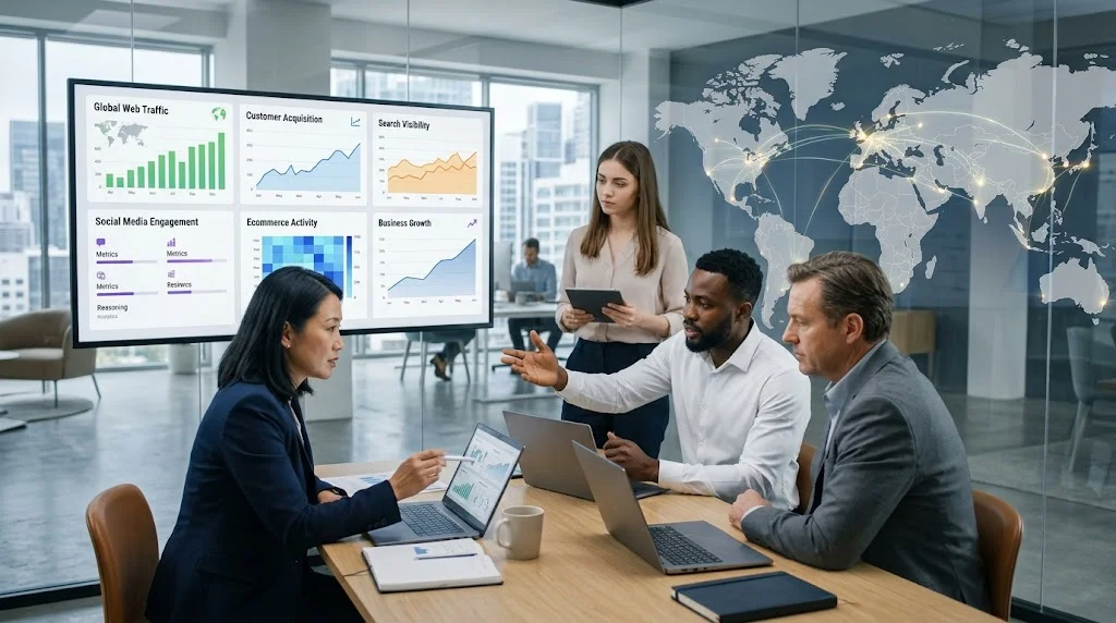 Business professionals analyzing global digital marketing performance and growth data