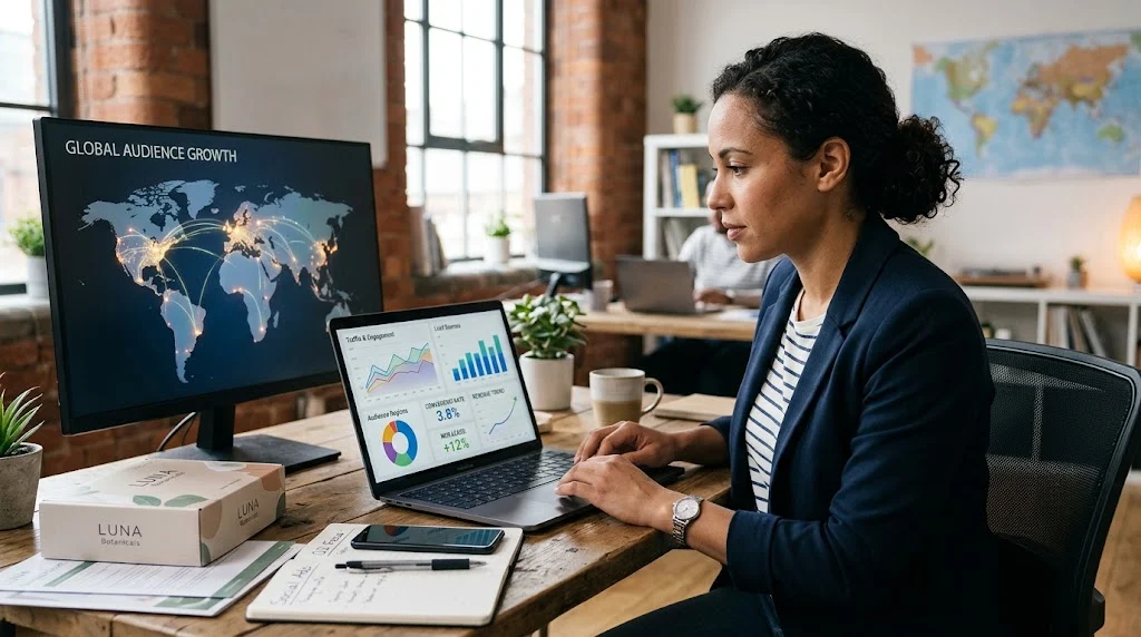 Small business owner analyzing digital marketing performance and global customer reach