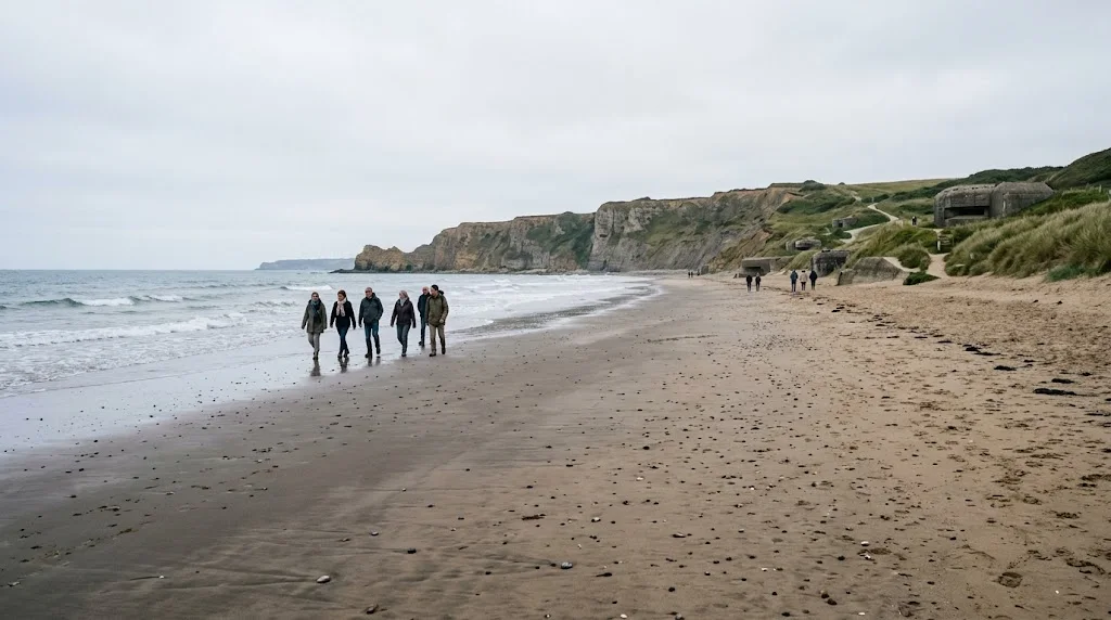Peaceful Normandy beach with historic World War II fortifications along the coast
