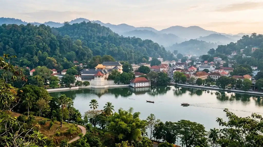 Kandy Lake and the Temple of the Sacred Tooth Relic surrounded by green hills in Sri Lanka