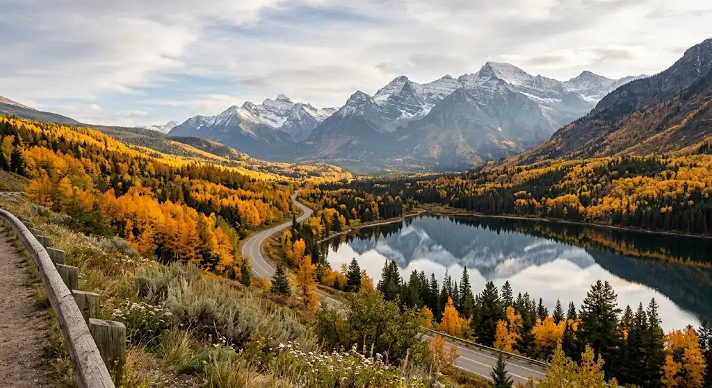 Golden autumn trees surrounding a mountain lake beneath snow-dusted Montana peaks