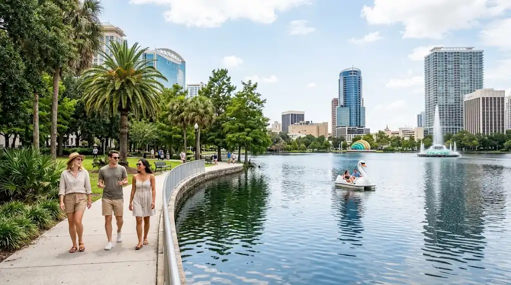 Travelers walking beside Lake Eola with the Orlando skyline in the background.