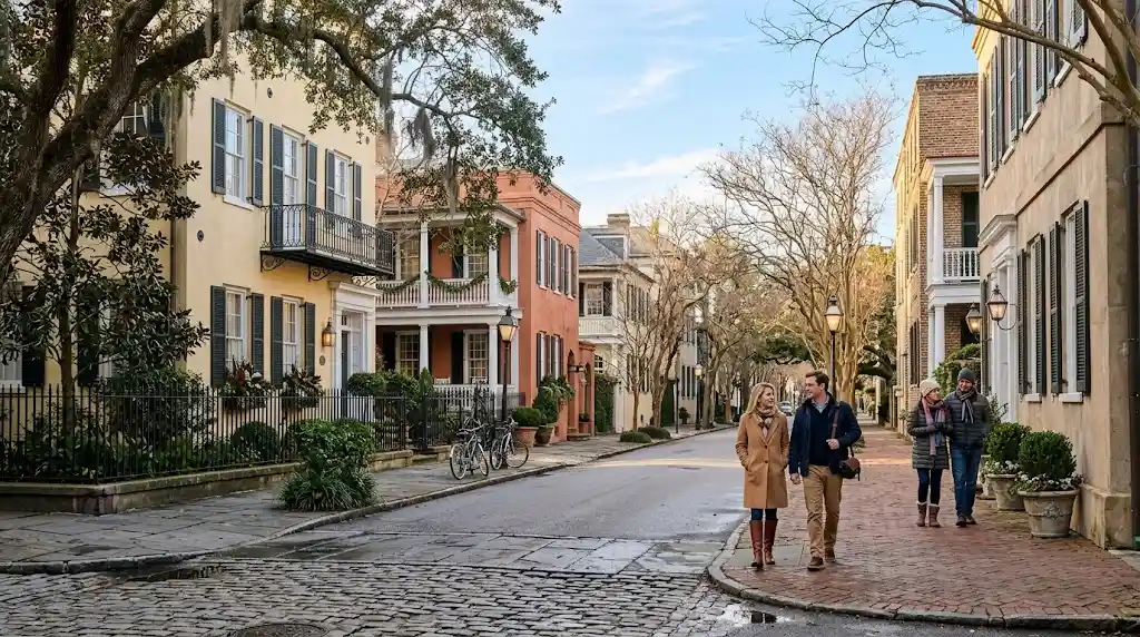 Historic Charleston street with Southern architecture and travelers enjoying a mild winter day.