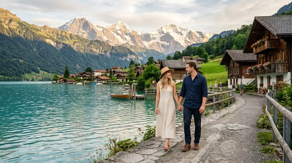 Newlywed couple walking beside a Swiss lake with snow-capped mountains