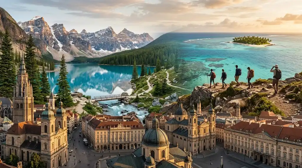 Travelers viewing mountains, a historic city, and a tropical island landscape
