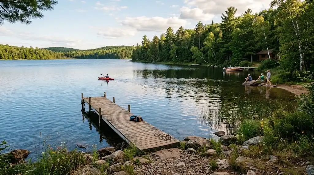 Scenic Wisconsin lakeshore with green forests and summer recreation on the water