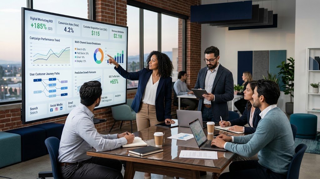 Marketing team analyzing digital marketing ROI and campaign performance data