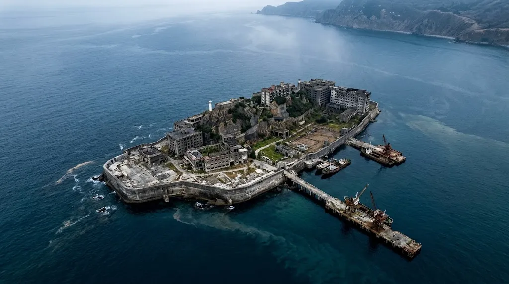 Aerial view of an isolated abandoned settlement surrounded by water and a dark, atmospheric landscape.