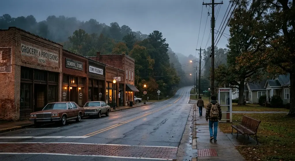 Moody Georgia street scene representing the Stranger Things filming locations around Atlanta