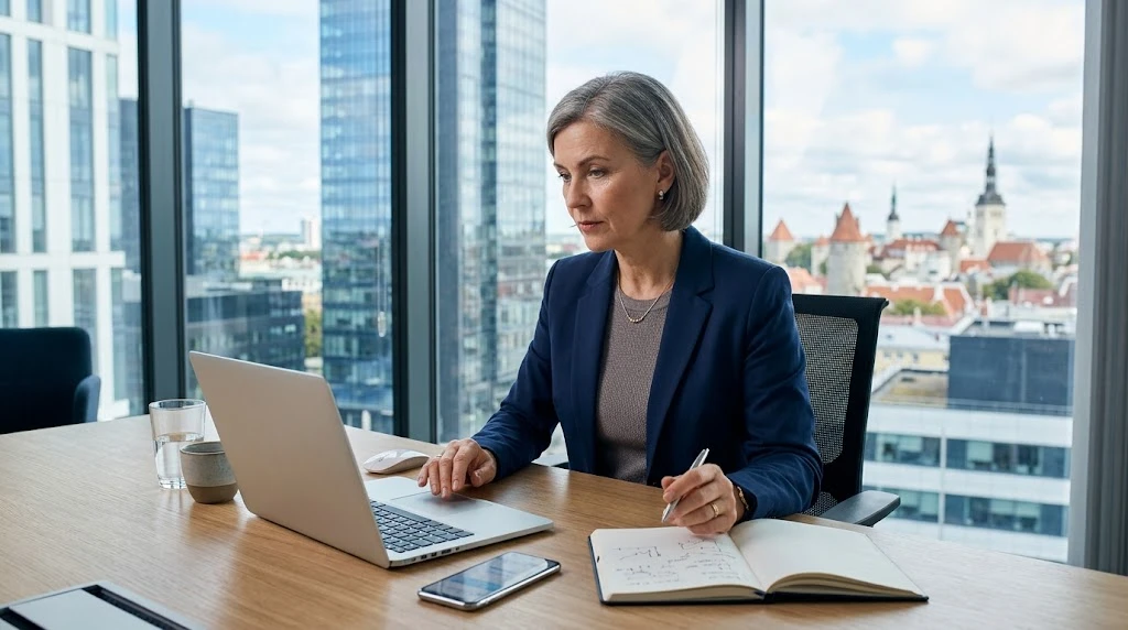 Business executive analyzing digital marketing performance in a modern Tallinn office