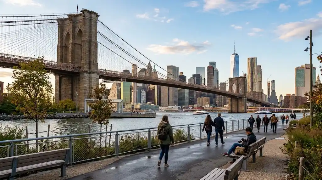 Brooklyn Bridge and Manhattan skyline viewed from a public waterfront park