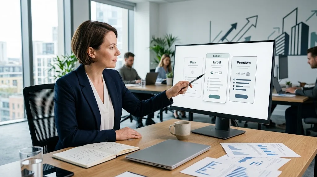 Business strategist comparing three pricing options to evaluate comparative value