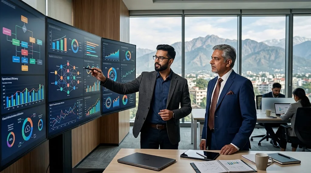 Business executives analyzing digital transformation ROI and capital allocation in Dehradun