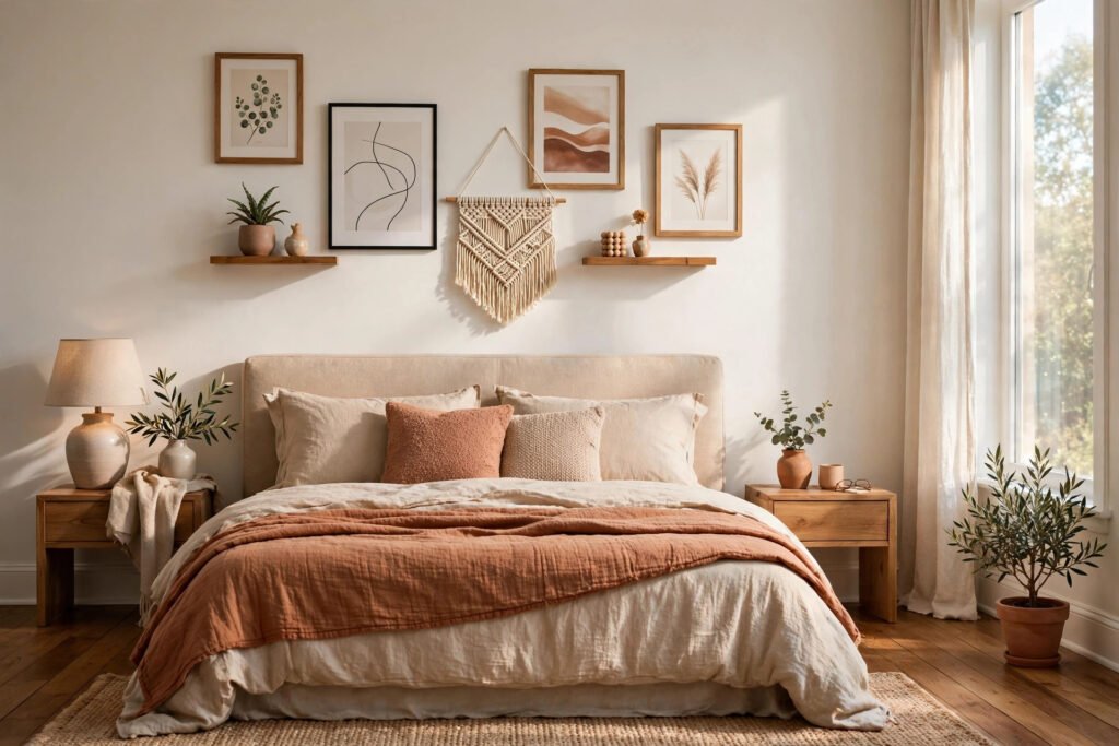 Cozy modern bedroom with a stylish gallery wall decor, macrame hanging and floating shelves